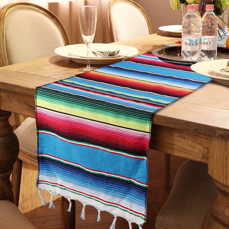 Fowecelt Mexican Serape Table Runner 14 x 84 Inch Hand-Woven Blanket Colorful Striped Mexican Fringe Cotton Fiesta Table Runner for Outdoor Picnics Dining Party Wedding Decorations - Image 4